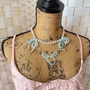 Pearl and Light Blue Beaded Bow Necklace Set
